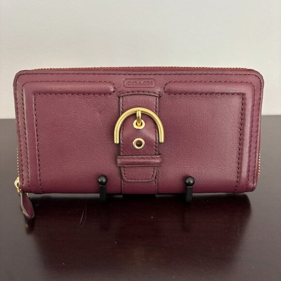 Coach Campbell Dark Purple Leather Zip Around Accordion Wallet - Picture 1 of 8